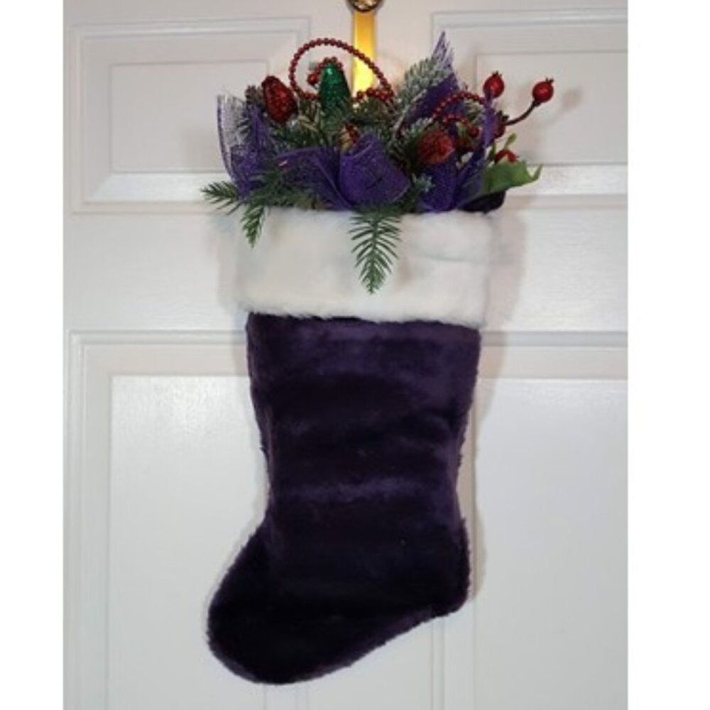 Christmas Stocking Door Hanger, Holiday Plush Stocking Decor, Purple Stocking